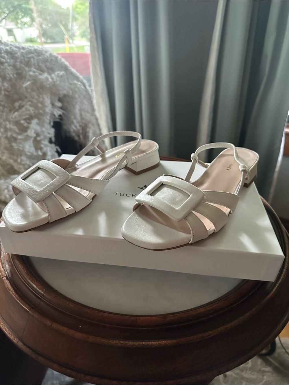 Tuckernuck white leather slingback sandals with square buckle